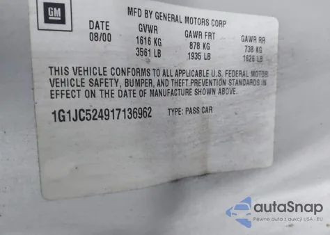 2001 Chevrolet Cavalier from USA, damaged, VIN 1G1JC524917136962